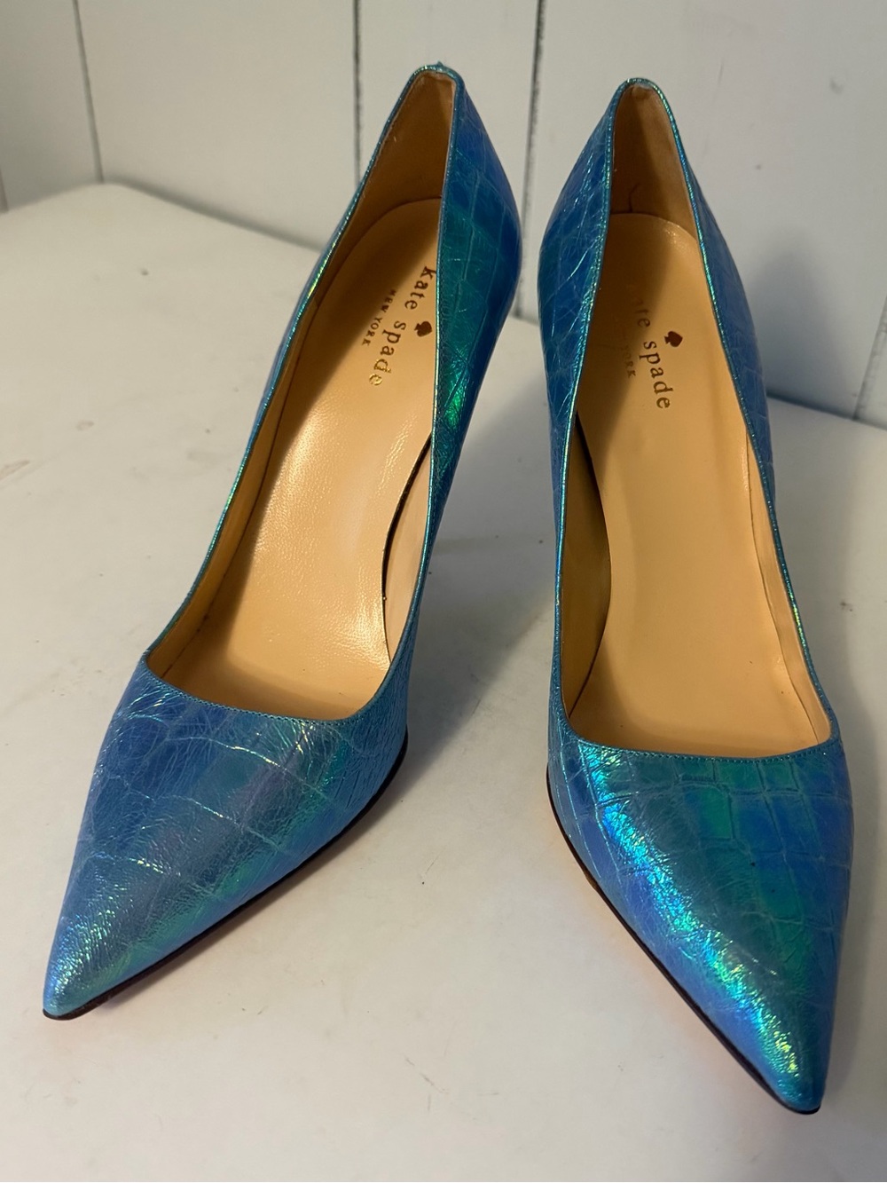 Blue Turquoise Croc Embossed  Aquatic Pointy Toe Pump Leather Kate Spade Size 9